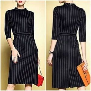 LONYUASH Elegant Black Vertical Striped Sheath Belted 3/4 Sleeves Office Dress S